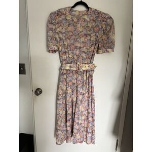 Vintage Leslie Fay midi dress pastel floral print puff sleeves Fabric Belt 12